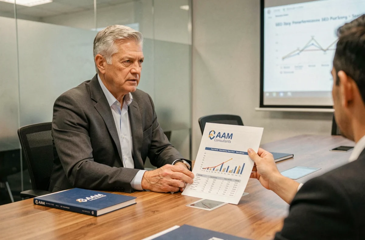 Consultant senior d'AAM Consultants présentant un rapport SEO à un client en salle de réunion