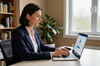 Femme professionnelle travaillant en télétravail sur un accès sécurisé à distance depuis son bureau à domicile