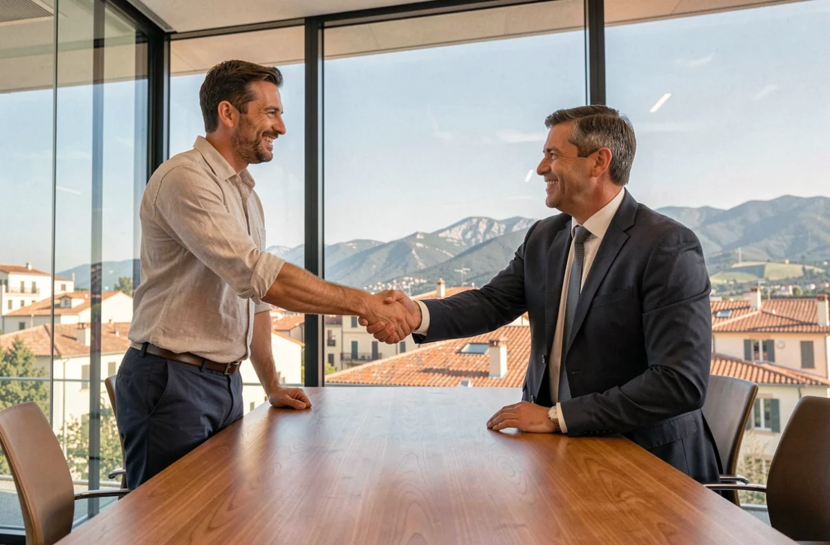 Freelance et conseiller en portage salarial concluant un accord dans une salle de réunion avec vue sur Perpignan