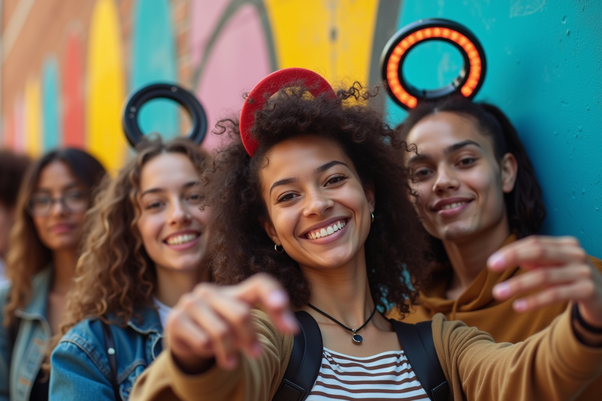 Groupe d adolescents prenant des selfies devant un mur coloré
