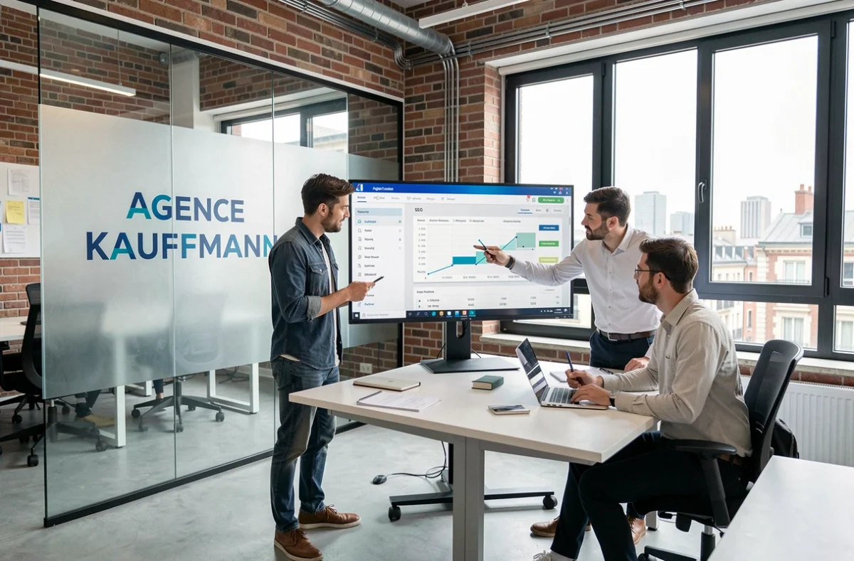 L'équipe de l'Agence KAUFFMANN collaborant autour d'un tableau de bord SEO dans leur bureau moderne avec signalétique de marque