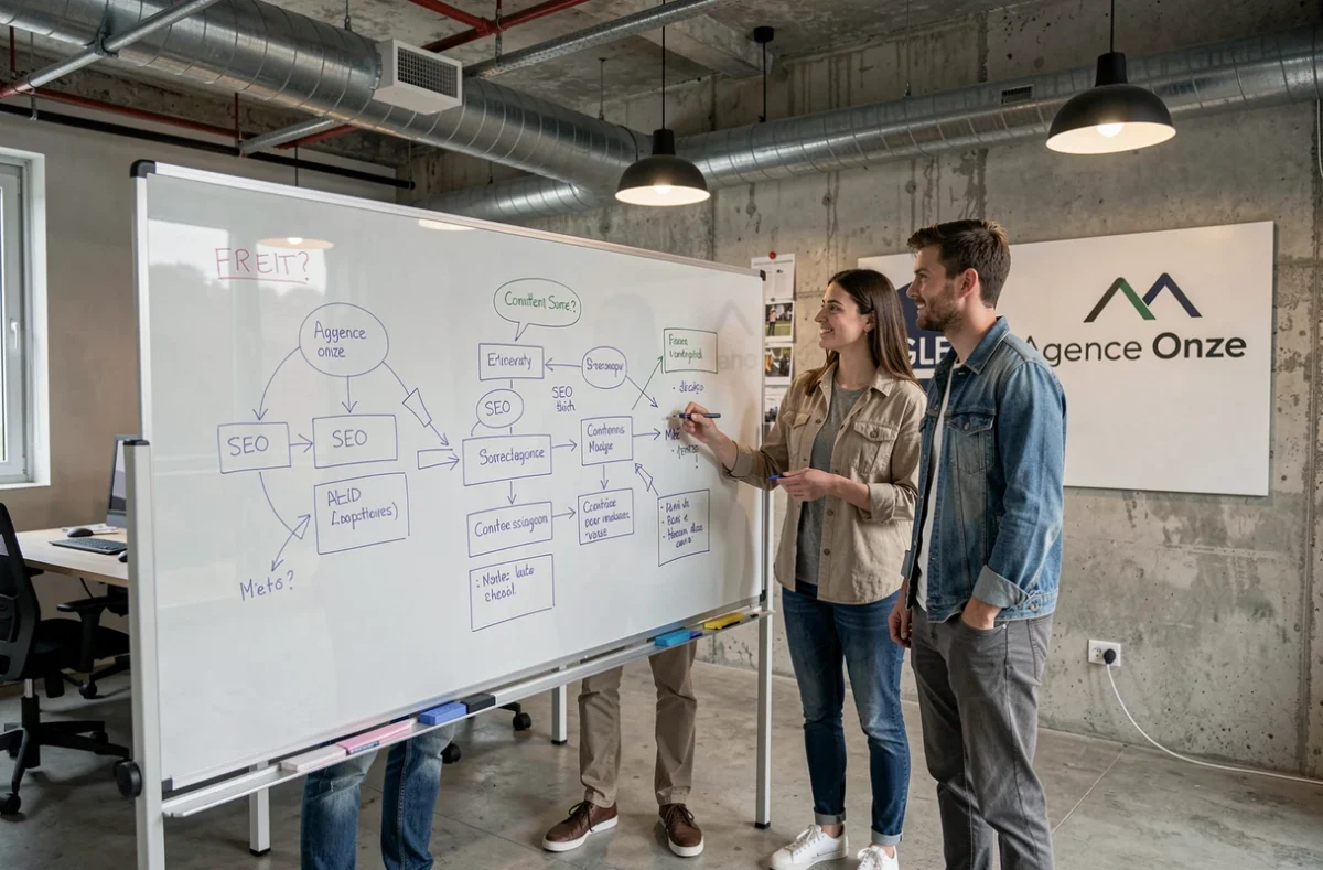 Équipe de l'Agence Onze collaborant sur une stratégie SEO autour d'un tableau blanc interactif