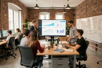 Bureau d'agence SEO moderne à Limoges avec des professionnels analysant des tableaux de bord de référencement naturel