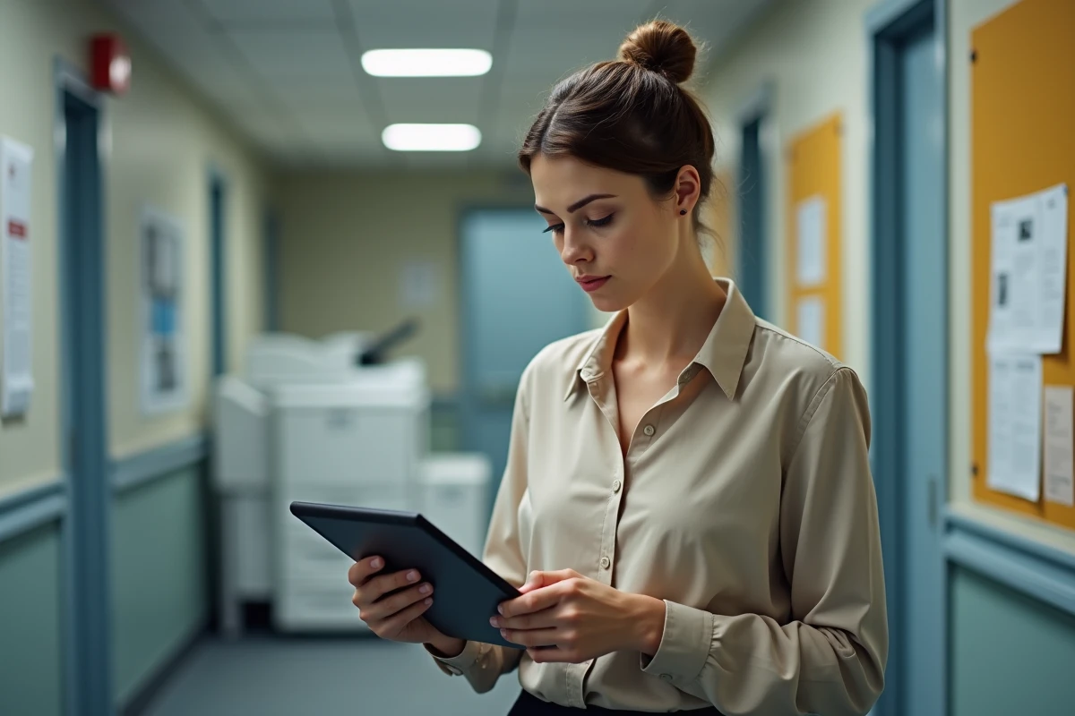 Agente administrative consultant le portail Ma Box RH La Poste sur tablette dans les locaux de La Poste