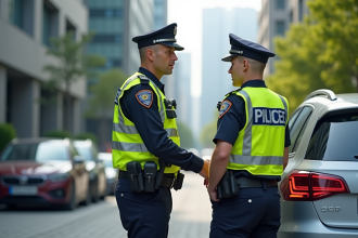 Agent municipal parlant à un conducteur dans une rue urbaine en journée