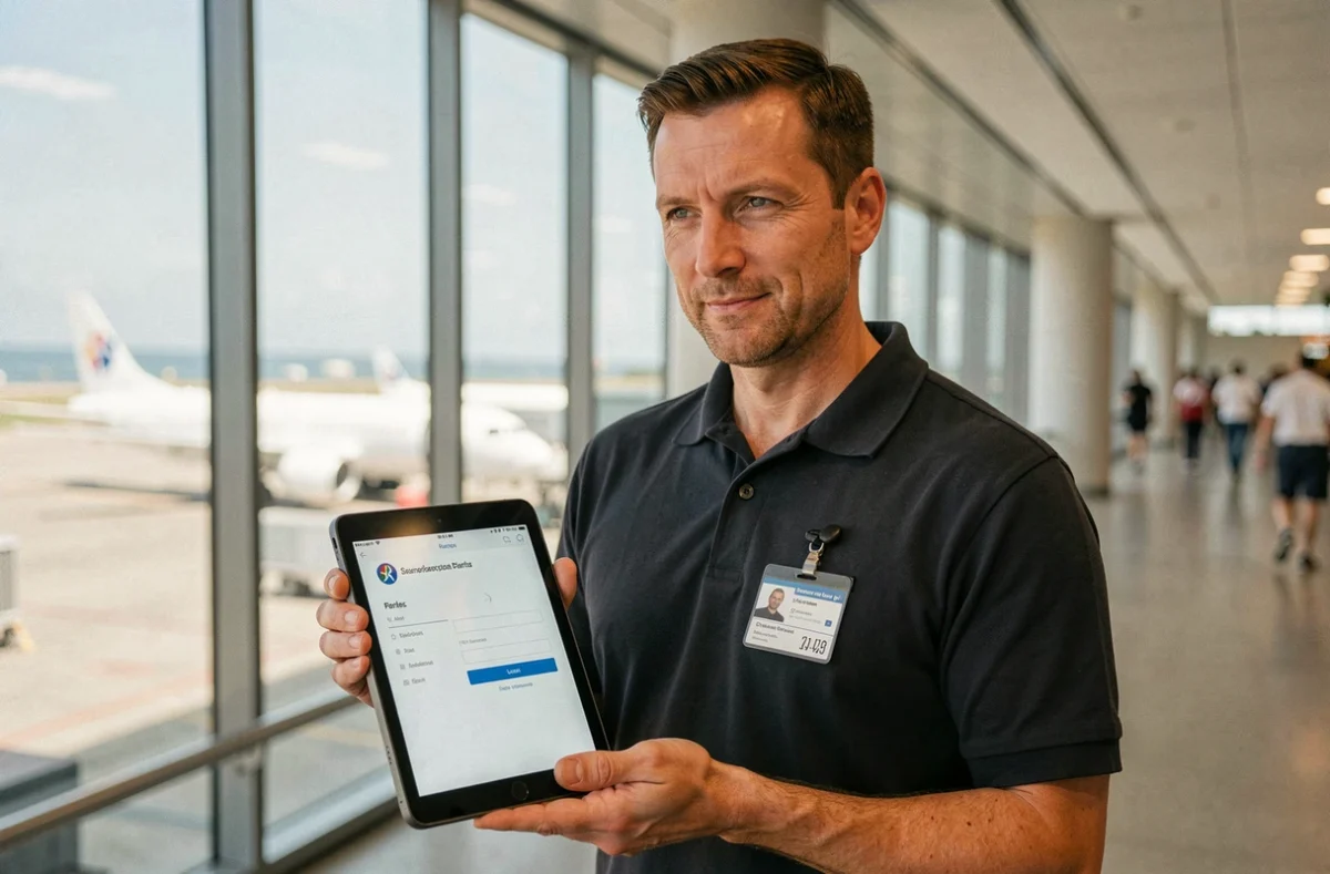 Agent au sol Air France utilisant une tablette pour accéder au portail intranet en zone aéroport