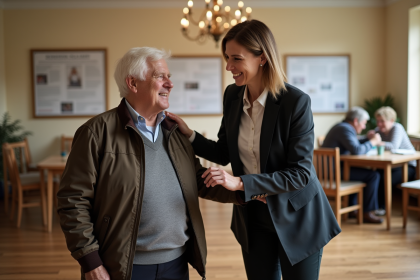 Femme aidant un senior dans un centre communautaire chaleureux