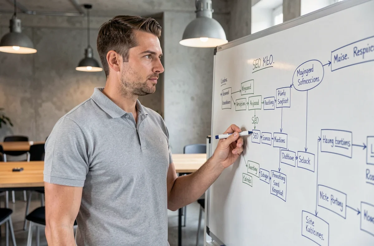 Alexandre Favrot, expert SEO, devant un tableau blanc rempli de schémas de stratégie de référencement naturel