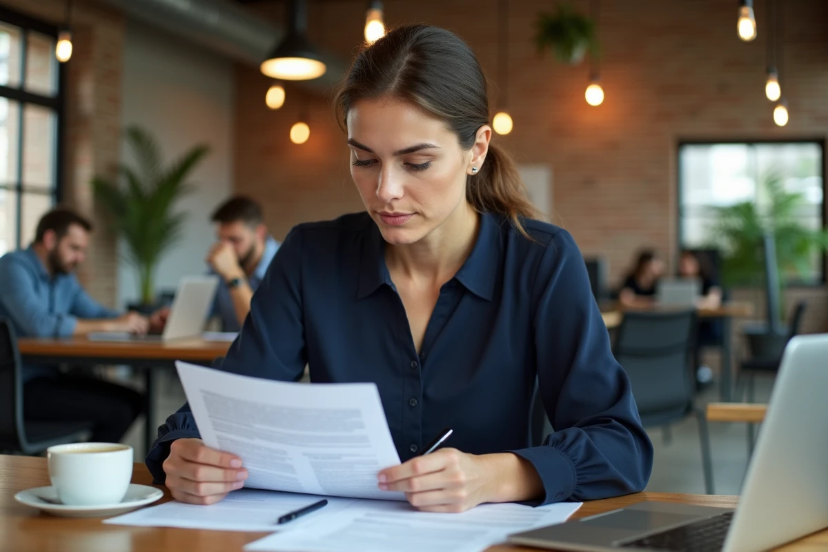 Professionnelle analysant un contrat de partenariat public-privé dans un espace de coworking moderne en Alsace
