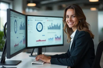 Professionnelle analysant les métriques de conversion d'un site vitrine SaaS sur un écran d'ordinateur dans un bureau moderne