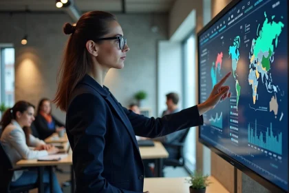 Professionnelle analysant des indicateurs économiques territoriaux sur un écran interactif dans un bureau moderne