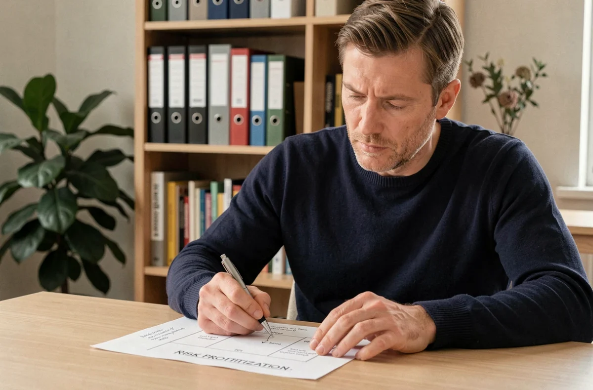 Professionnel réfléchissant à la priorisation des risques humains sur un document annoté