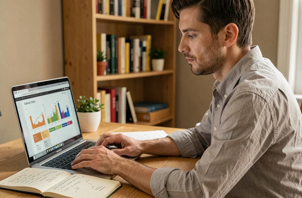 Homme analysant des données salariales sur son ordinateur portable dans un bureau à domicile