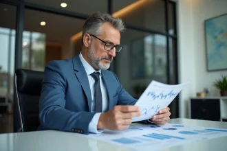 Analyste financier en costume bleu examine des graphiques d'investissement