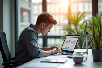 Jeune professionnel analysant des graphiques SEO sur un ordinateur lumineux