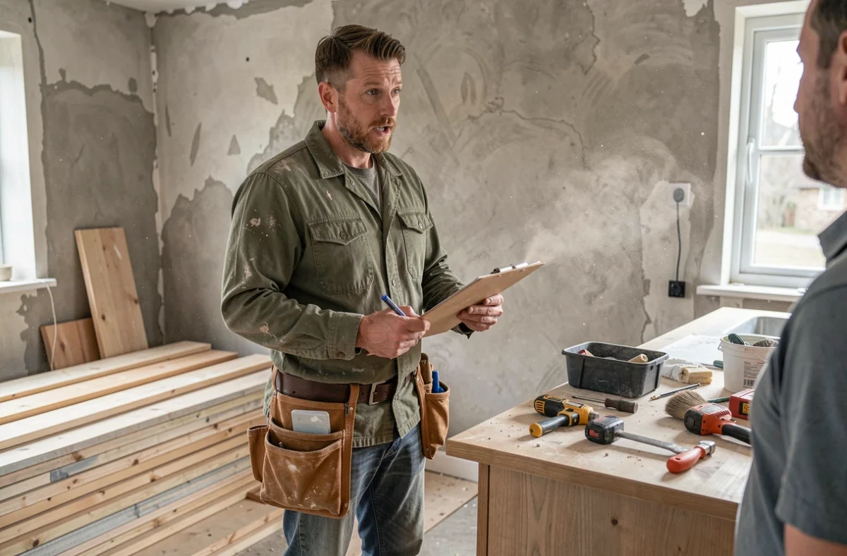Artisan en bâtiment discutant d'un chantier de rénovation de cuisine avec un propriétaire