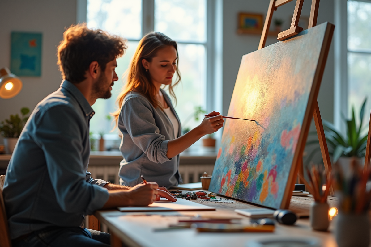 Deux artistes en studio créant une œuvre ensemble