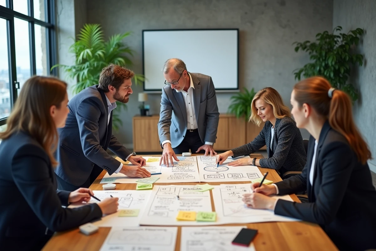 Équipe de professionnels en atelier RSE autour d'une table avec des schémas et post-its sur la raison d'être de l'entreprise