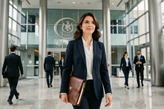 Auditrice professionnelle en costume marine marchant dans le hall d'un grand cabinet d'audit, illustrant le passage dans un Big 4