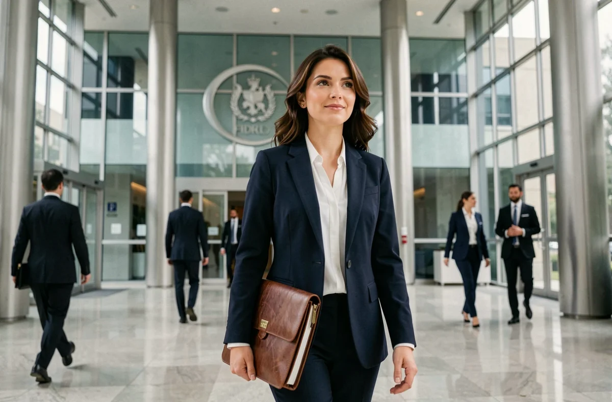 Auditrice professionnelle en costume marine marchant dans le hall d'un grand cabinet d'audit, illustrant le passage dans un Big 4