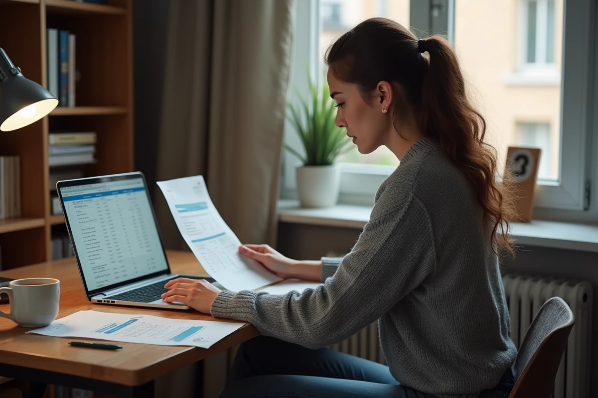 Travailleuse indépendante à son bureau à domicile analysant ses charges sociales et documents financiers liés à son activité de livreur