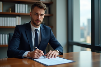 Avocat en costume navy examine un contrat au bureau