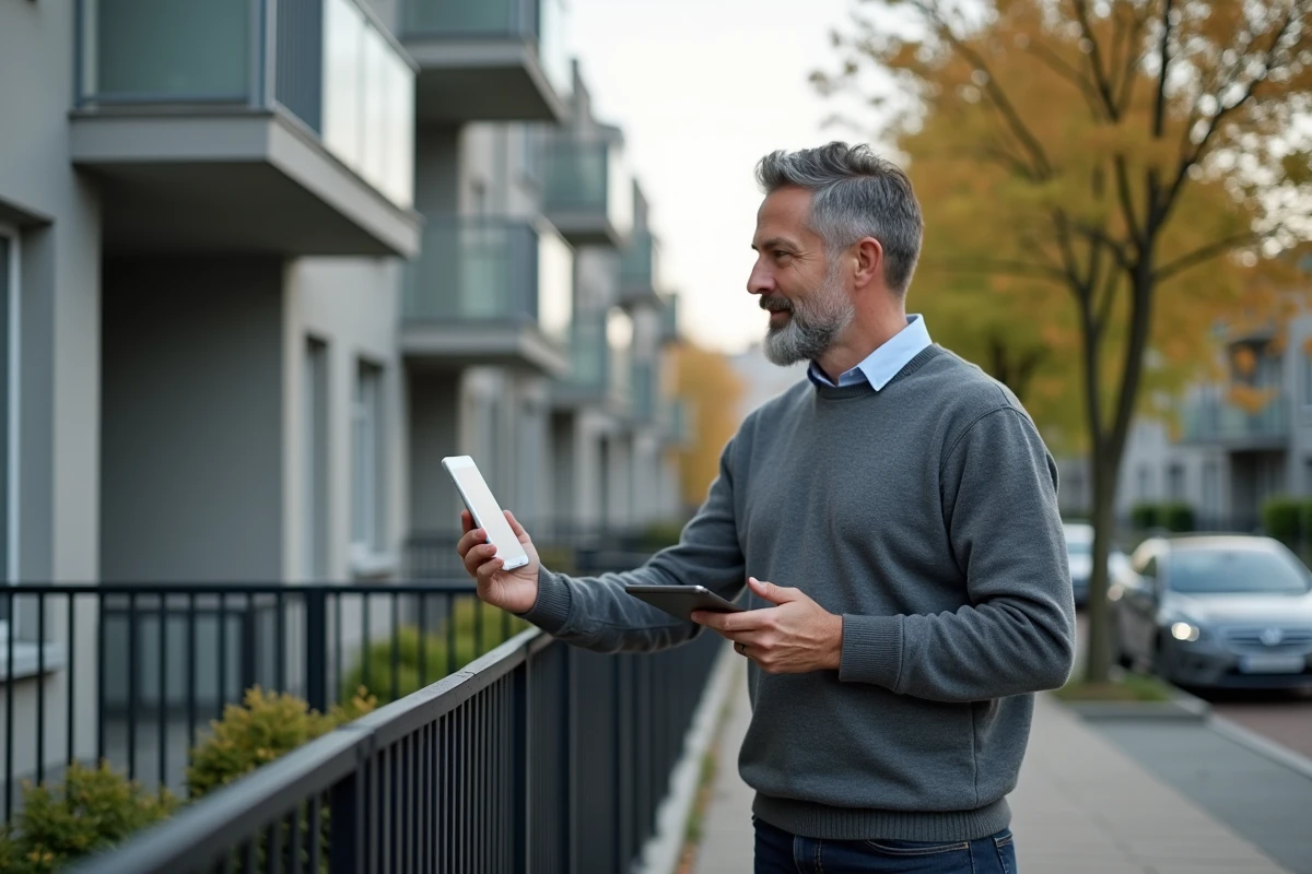 Bailleur consultant une application de gestion locative devant un immeuble résidentiel moderne en milieu urbain