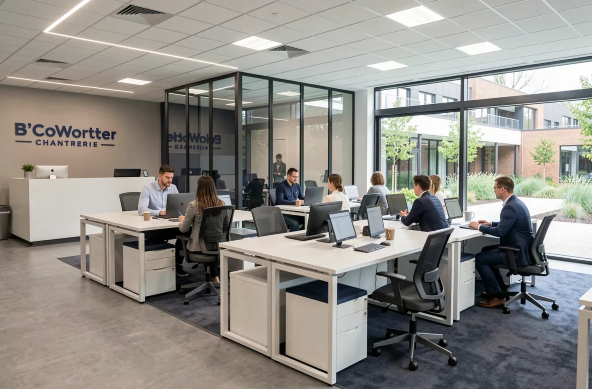 B'CoWorker Nantes Chantrerie, espace de coworking en parc d'affaires moderne avec zones de travail ouvertes et cabines de réunion