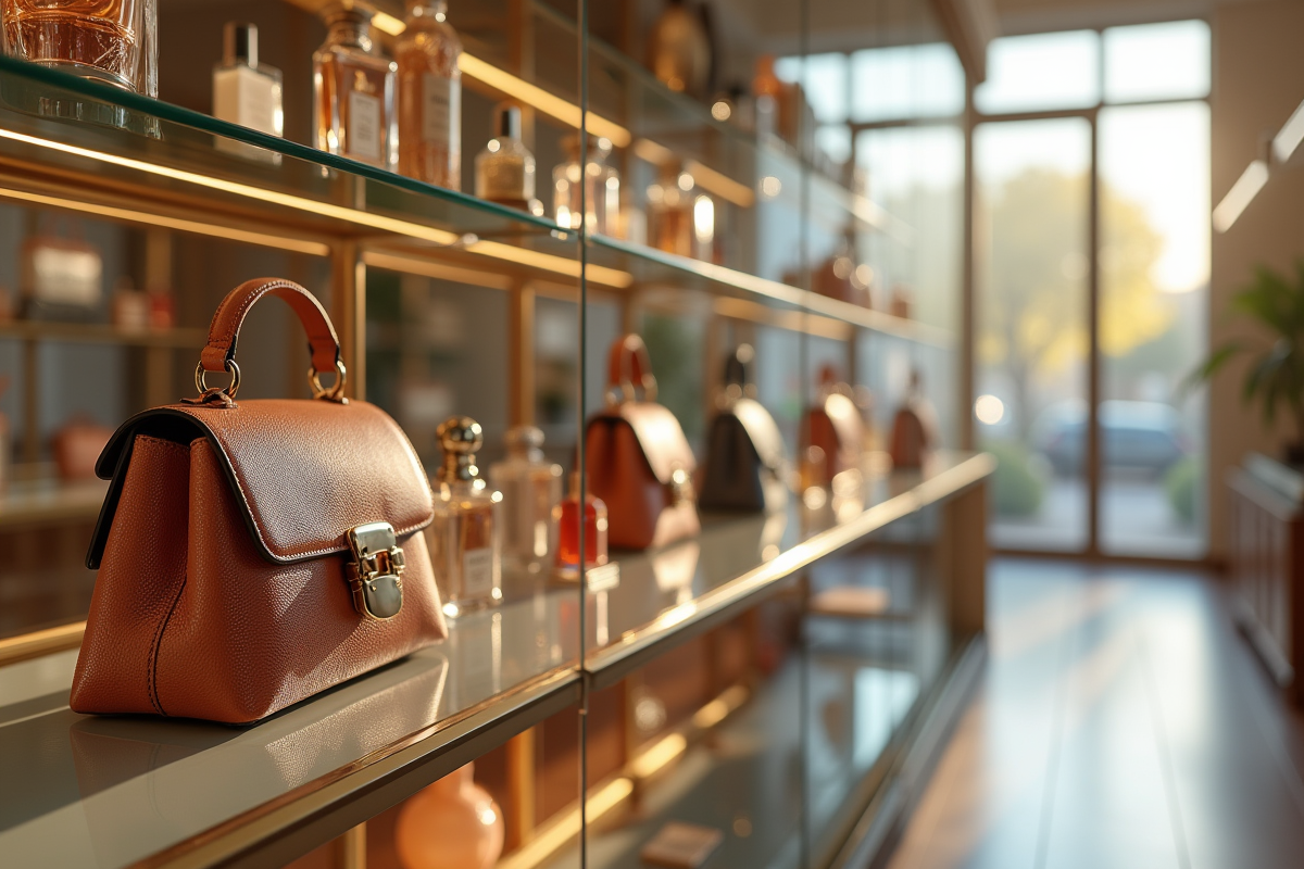 Intérieur d'une boutique de luxe avec sacs et parfums élégants