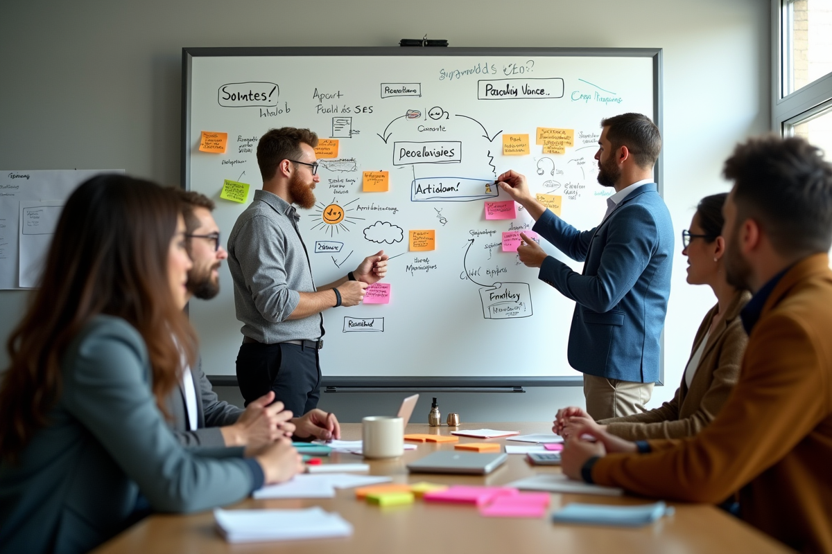 Groupe de collègues discutant autour d un tableau blanc avec graphiques SEO