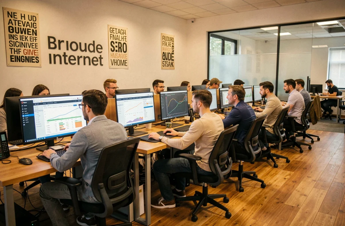 L'environnement de travail de l'agence Brioude Internet avec une équipe SEO et développement web à leurs postes de travail