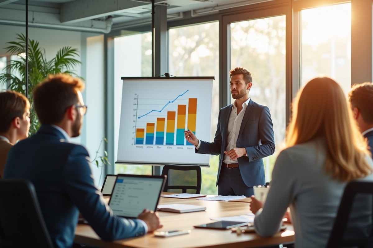 Espace de bureau moderne avec entrepreneur présentant un graphique de croissance