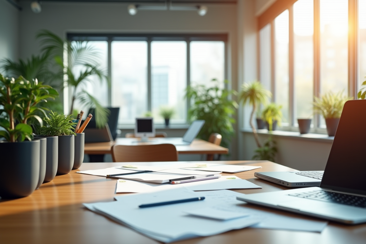 Espace de travail moderne avec plantes et recyclage sous lumière naturelle