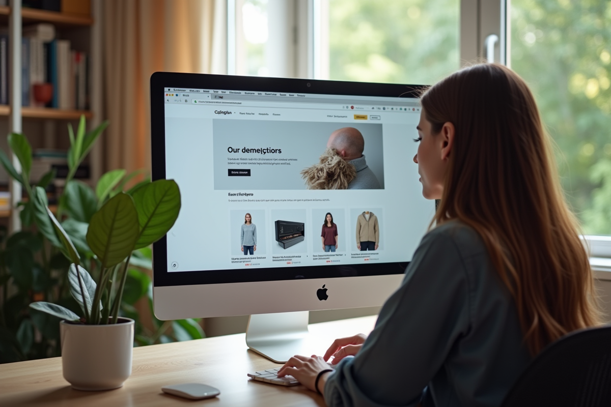 Bureau moderne avec personne naviguant sur un site e-commerce français