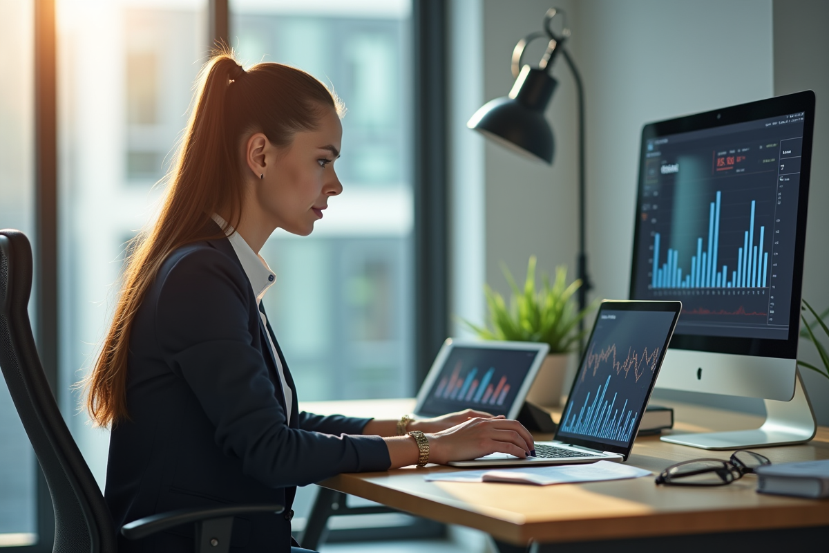 Femme professionnelle au bureau moderne avec ordinateur et graphiques