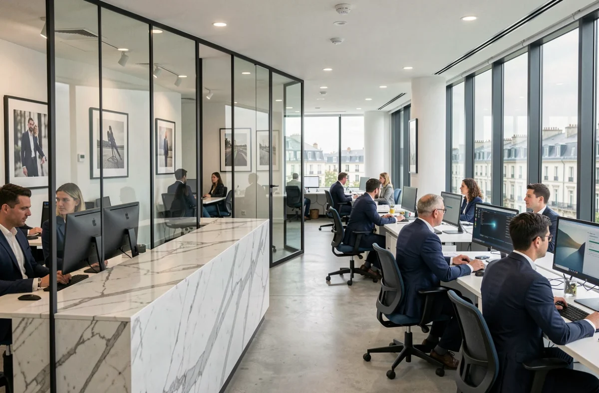 Bureaux and Co Nantes, espace de coworking professionnel avec bureaux privés en verre et ambiance corporate premium