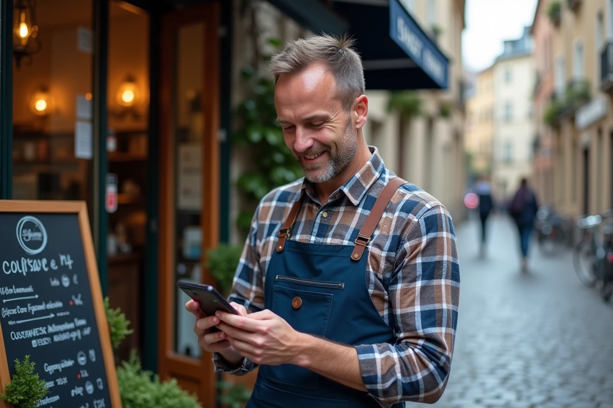 Artisan cafetier consultant son profil marketing local sur smartphone devant sa façade de café