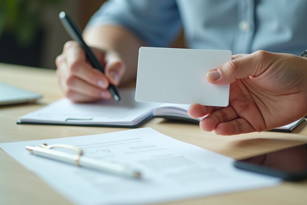 Main tenant une nouvelle carte professionnelle sur un bureau clair