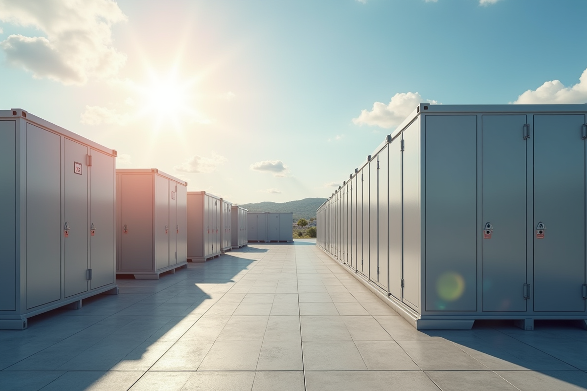 Vue d'une centrale solaire avec batteries de stockage extérieures