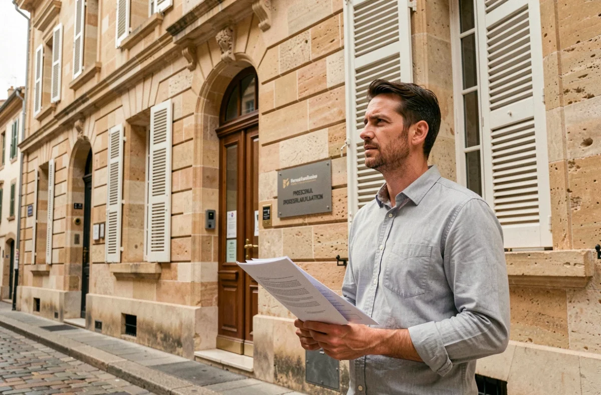 Entrepreneur devant un centre de domiciliation commerciale dans le centre historique de Nîmes