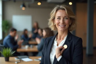 Femme cadre épinglant sa médaille du travail lors d'une cérémonie en entreprise