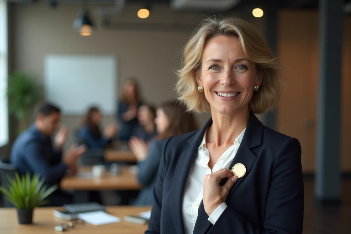 Femme cadre épinglant sa médaille du travail lors d'une cérémonie en entreprise