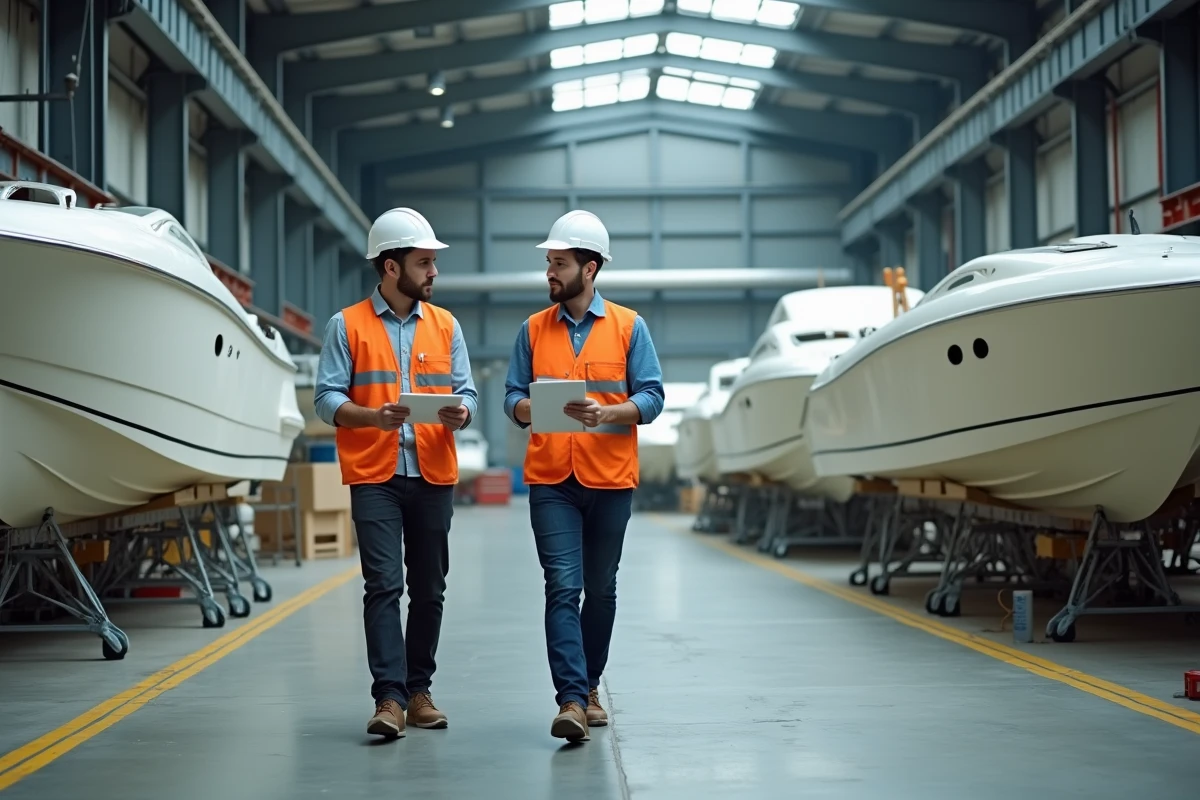 Techniciens de fabrication navale inspectant des coques de bateaux en fibre de verre sur le plancher d'un chantier naval industriel moderne