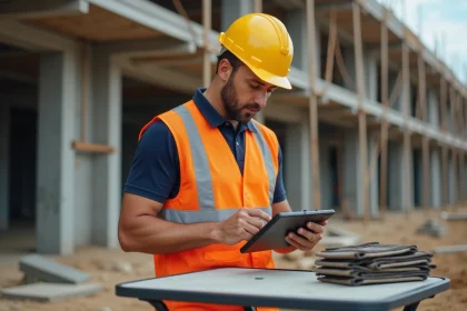 Chef de chantier BTP consultant le suivi des coûts en temps réel sur une tablette numérique sur un chantier de construction actif