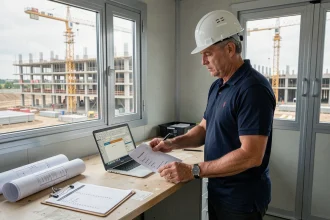 Chef de chantier BTP consultant un logiciel de gestion de chantier sur ordinateur portable avec des documents d'appel d'offres