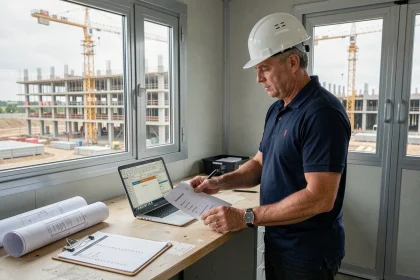 Chef de chantier BTP consultant un logiciel de gestion de chantier sur ordinateur portable avec des documents d'appel d'offres