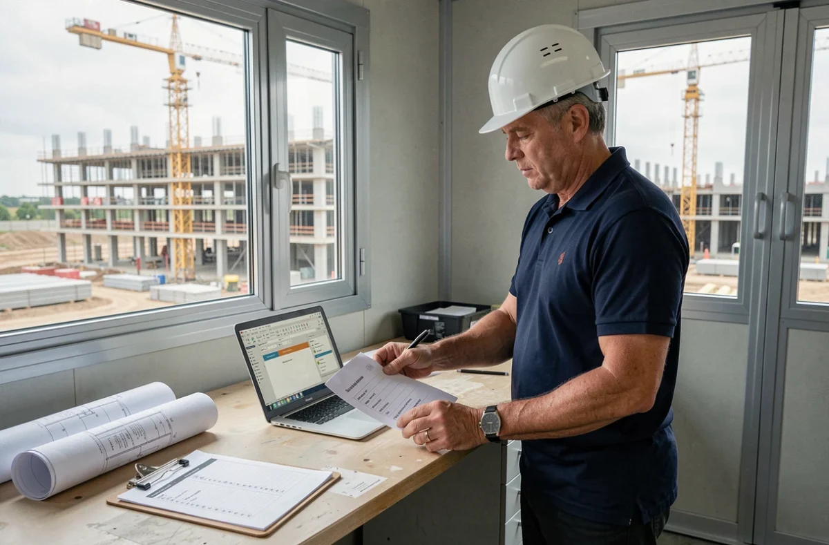 Chef de chantier BTP consultant un logiciel de gestion de chantier sur ordinateur portable avec des documents d'appel d'offres