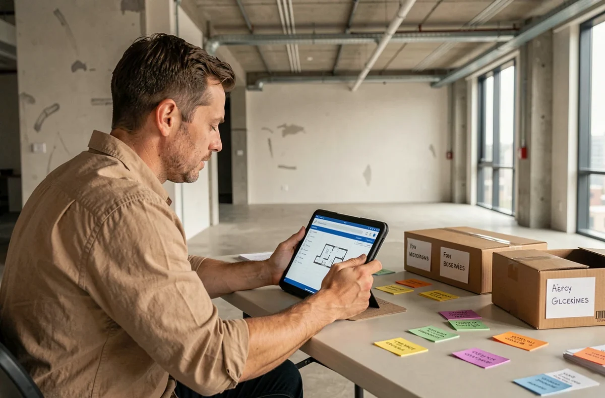 Chef de projet consultant un plan de déménagement d'entreprise sur tablette dans des bureaux en cours de vidage