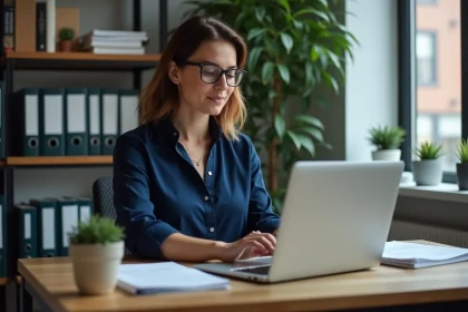 Cheffe d'entreprise consultant un logiciel de paie pilote sur son ordinateur portable dans un petit bureau professionnel