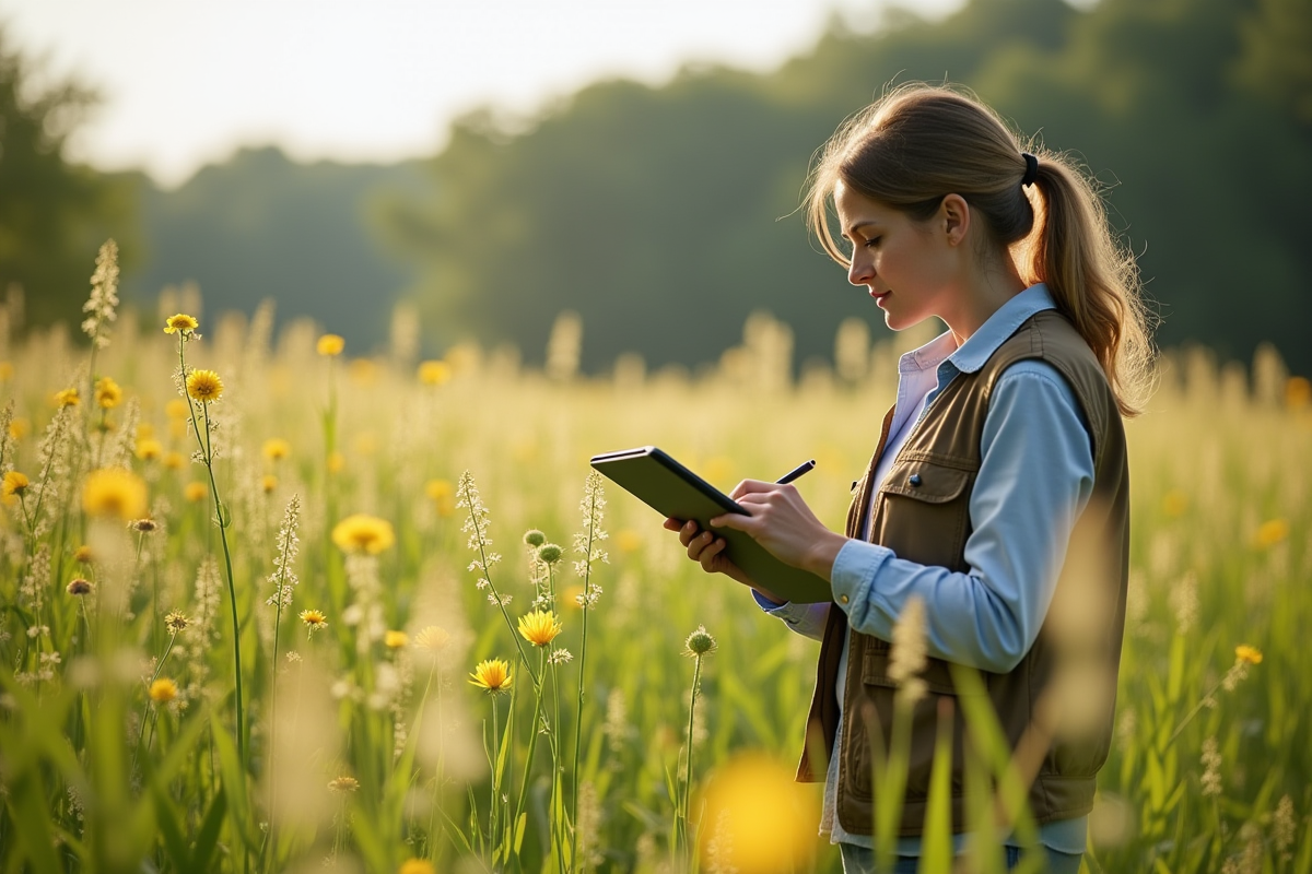 Chercheur en plein air analysant la nature avec tablette et carnet